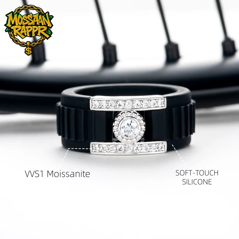 

MossanRappr 3mm Round Moissanite Inlaid Silicone Ring 925 Sterling Silver Engagement Ring for Women and Men Rubber Wedding Band