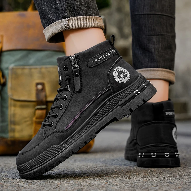 

Men Boots Autumn Leather Waterproof Mid-top Sports Shoes New Fashion Ankle Boots Casual Outdoor Hiking Boots Shoes Male Sneakers