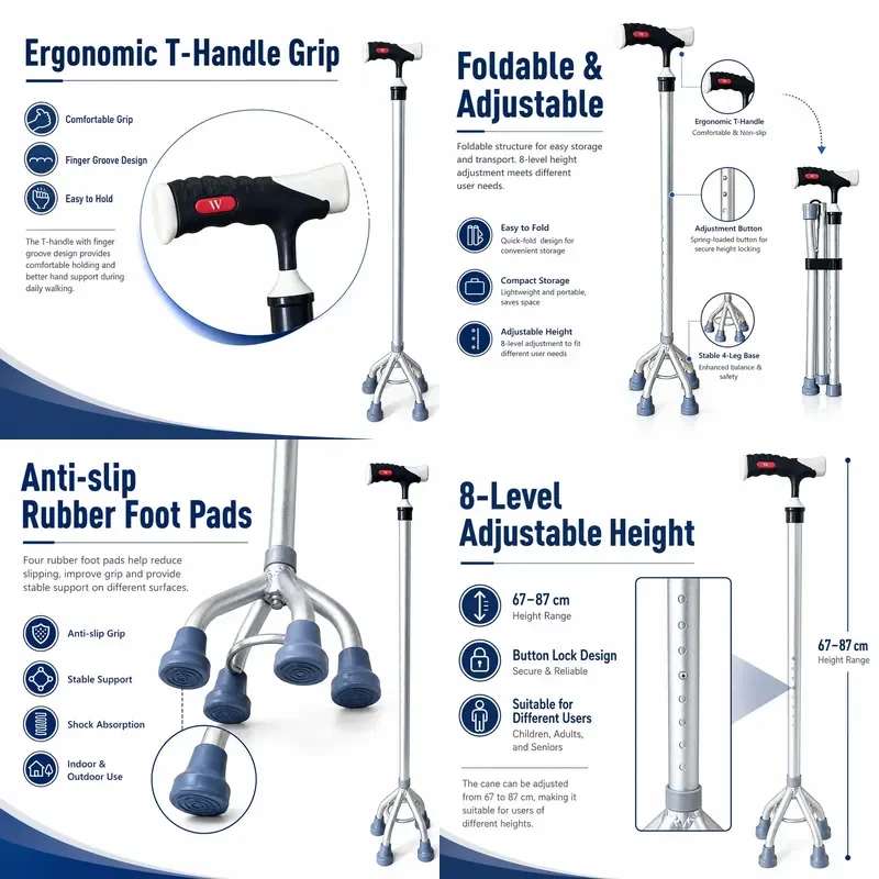 Lightweight aluminum height adjustable walking stick, walker for the elderly