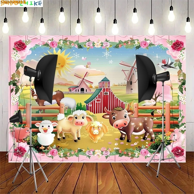 

Cartoon Farm with A Pig And A Barn Cow Photography Backdrops Pink House Happy Birthday Party Decor Photo Studio Background ZZ-02