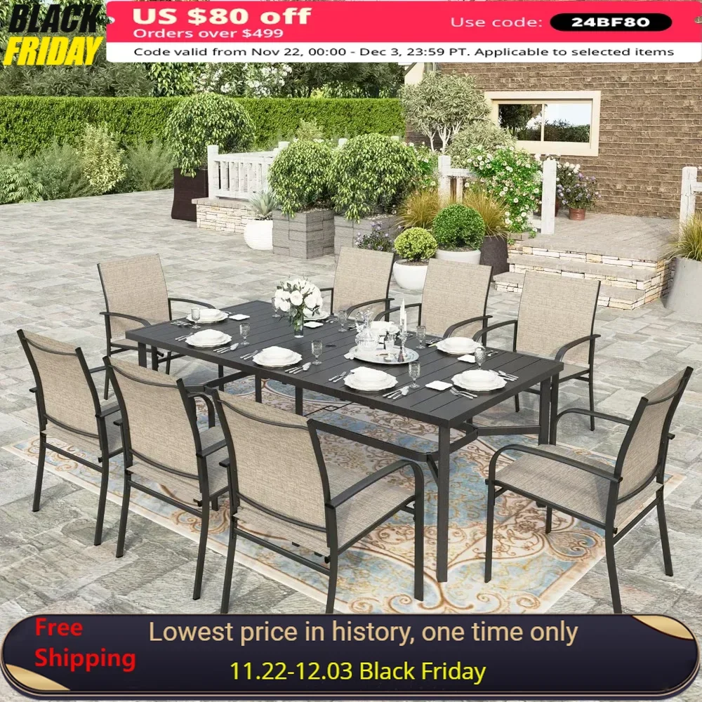 

9 Pieces Patio Dining Set, 8 X Brown Textilene Patio Chairs and 1 X 83 Large Rectangle Dining Table, Outdoor Furniture Sets