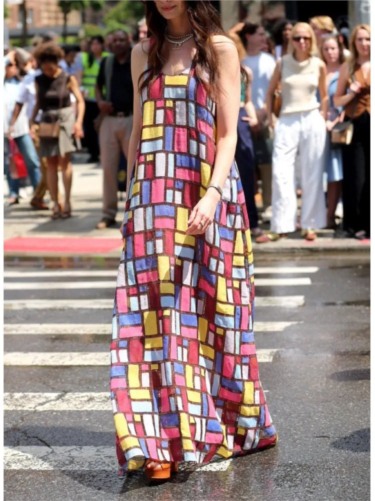 

Summer Leisure Color Blocking Robe Woman Fashion Square Pattern Sleeveless Loose Dresses Ladies Beach Vacation Comfort Vestidos