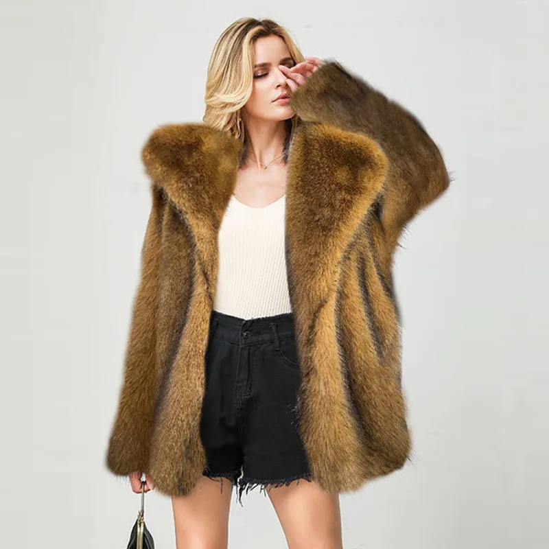 Faux Fur Autumn Winter New Mid-Long Notch Lapel Warm Eco Fur Collar Elegant Coat