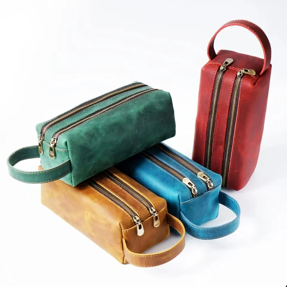 

Handmade Genuine Leather Pencil Bag Vintage Double Layer Design Zipper Pen Case Cowhide School Bag Large Capacity Storage Pouch