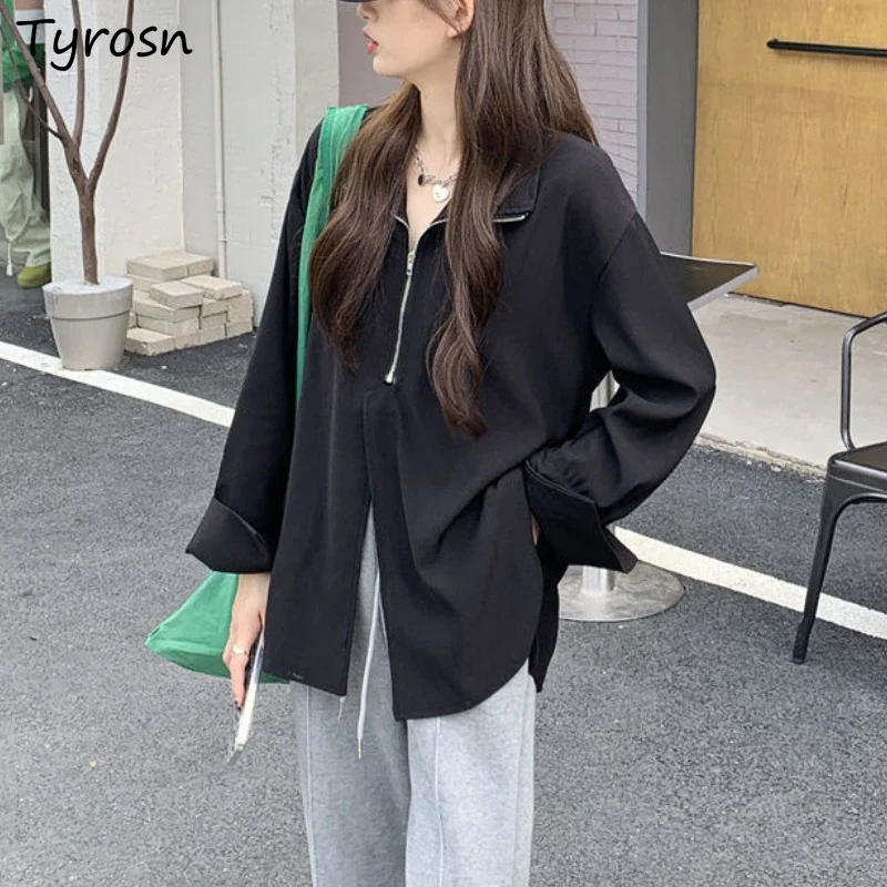 

Women Turn Down Collar Shirts Zipper Fly Designed High Street Simple Chic Ulzzang Cozy Tender Loose Spring Autumn Outwear