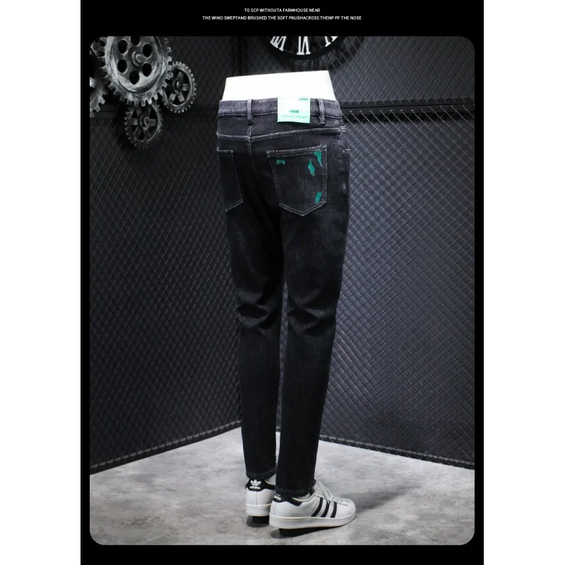 2023 NEW Winter Soft Fleece-Lined Thickened Jeans Men's High-End Personality Embroidered Slim Skinny Pants Warm Long Pants