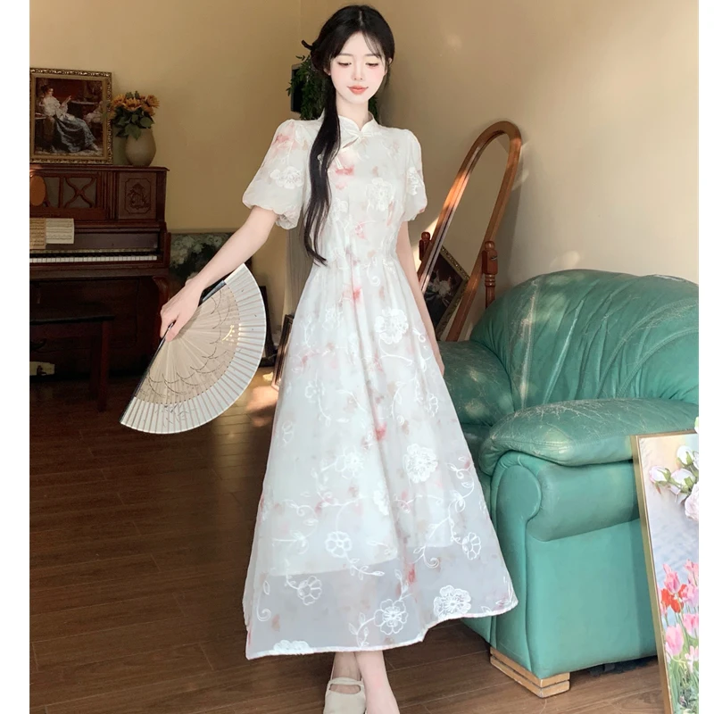 Women Chiffon Cheongsam Dresses Summer Female Stand Collar Short Sleeve Large Size Elegant A Line Casual Floral Printed Vestidos