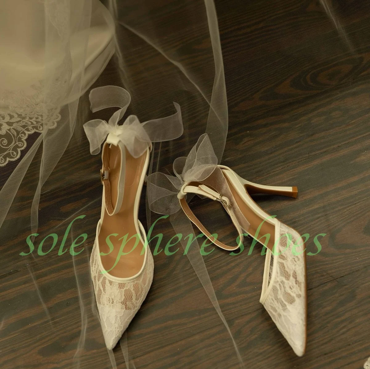 Women Ivory White Floral Lace Pointed Toe Slingback Ankle Strap Bowtie Stiletto High Heel Pumps Elegant Bridal Wedding Pumps 46