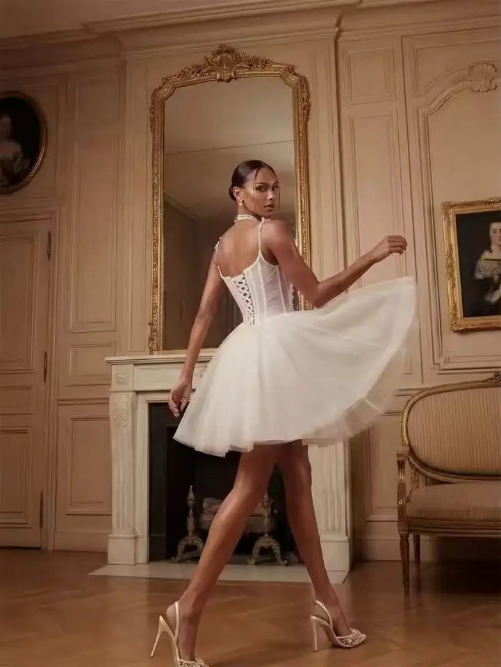 Customized White Square Collar Wedding Dresses for 2026 Tulle Sleeveless Lace Up A-Line Bridal Gown Sexy Mini Dress Brides Gowns