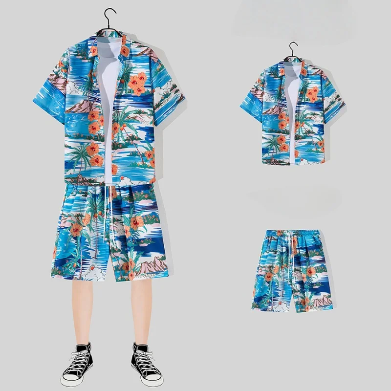 Summer Men's Seaside Vacation Travel Beach Suit Fashion Loose Casual Hawaiian Short Sleeve Floral Shirt Shorts Two Piece Set