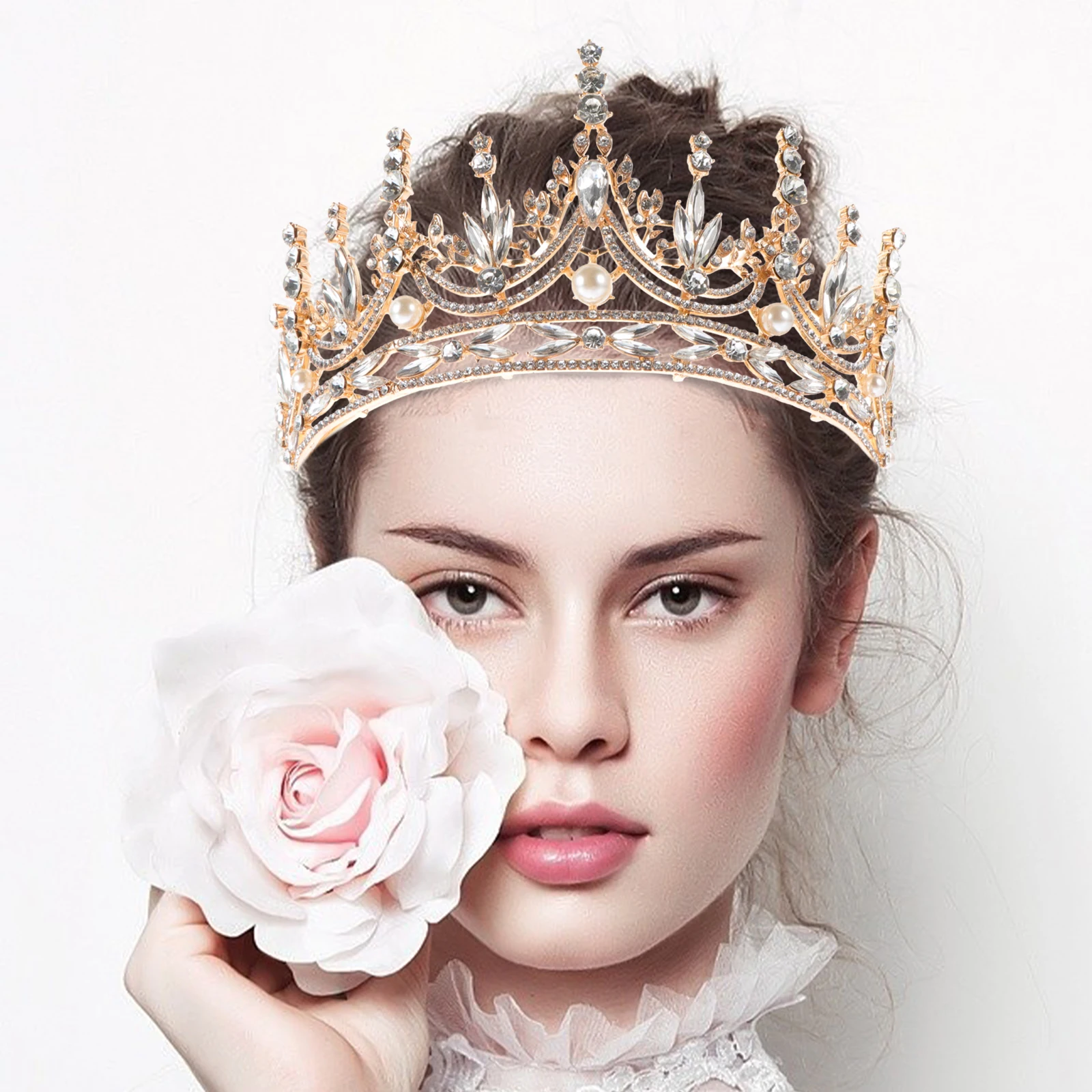 

Pearl Rhinestone Tiara Crown Headb Women Elegant Vintage Wedding Headdress Bride Sequins Decor Fits Hair Styles