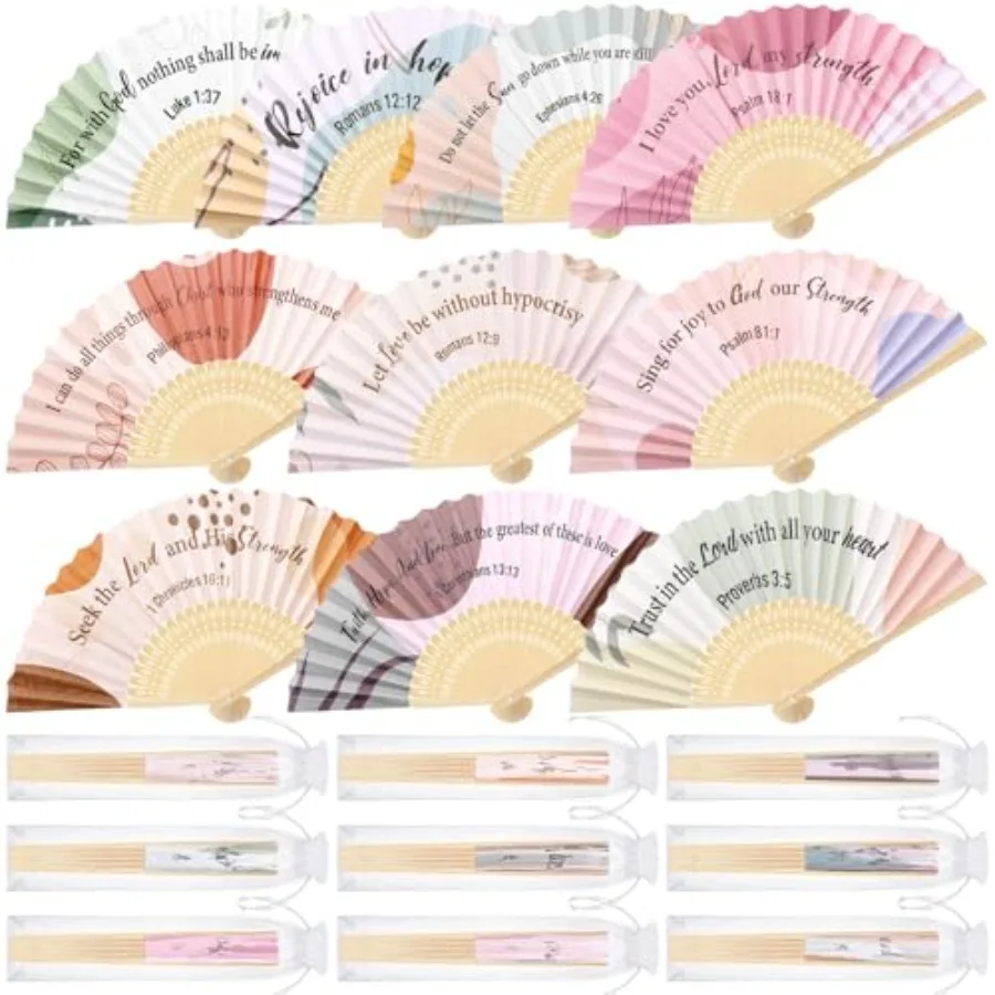 

30 шт. складных бумажных вееров в стиле бохо для христианской церкви, религиозные христианские вееры с библейскими мотивами, ручные вееры с органзовой сумкой для женщин, для церкви