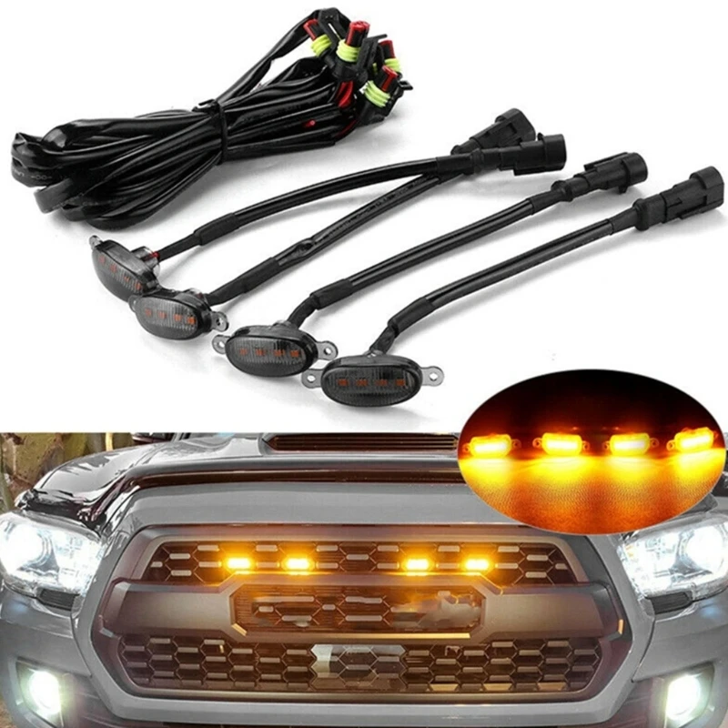 

H3CE Yellow Amber LED Front Grille Running Lights Universal For Trucks 12V Waterproof 4Pcs With Harness