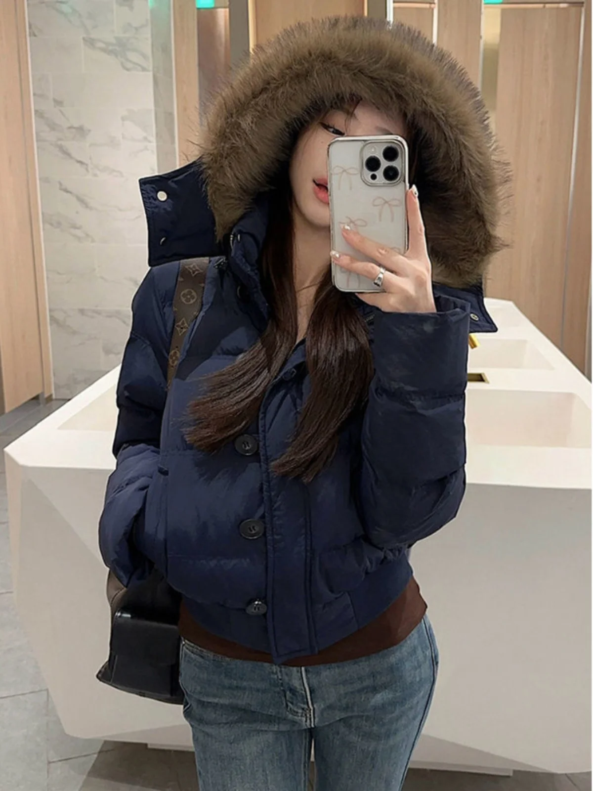 

Women's Hooded Thiened Cotton Jaet Coat ort Sle Warmth Collar Winter New Sle American Retro Design Korean Loose Fit