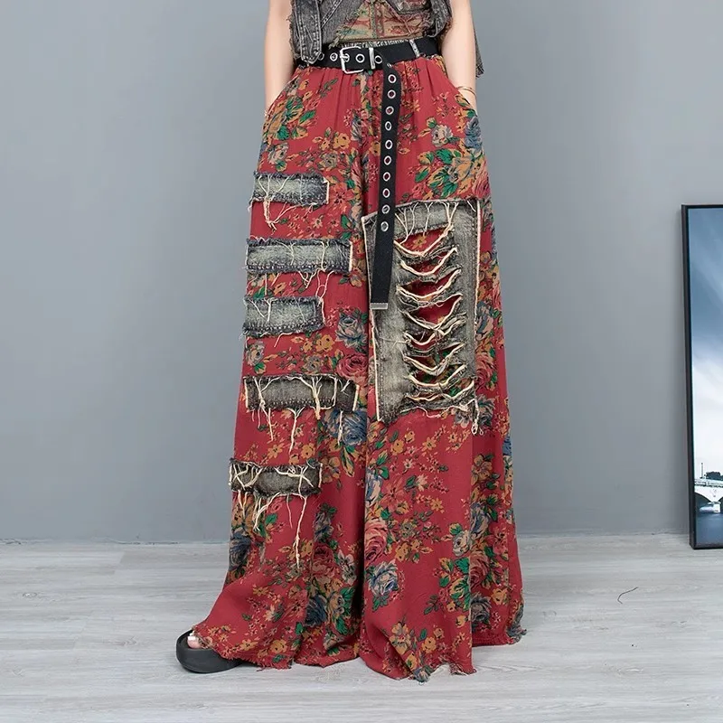 2024 Spring Summer New Chinese Style Printed Denim Wide Leg Pants Women LX1084