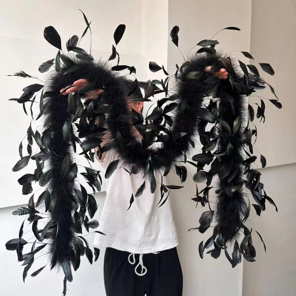 

2Meter White Black Turkey Feather Boa Natural Ostrich Rooster Plume Trim Scarf For Party Wedding Dress Stage Costume Decorative