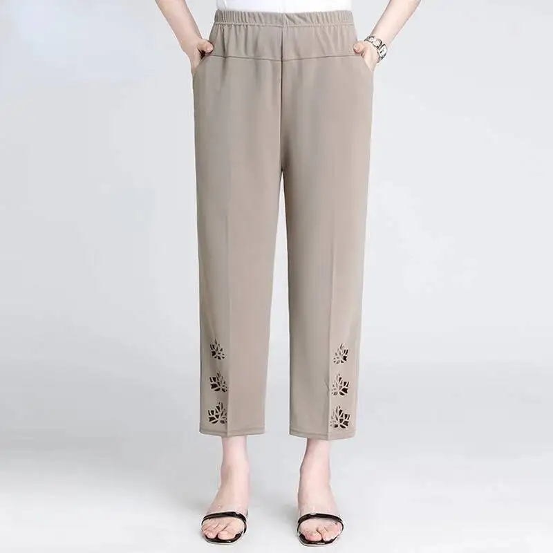 

Women Capris Pants 2025 Women's Summer Breeches Casual High Waist Cropped Pants Woman Hollow Out Straight Calf-Length Trousers