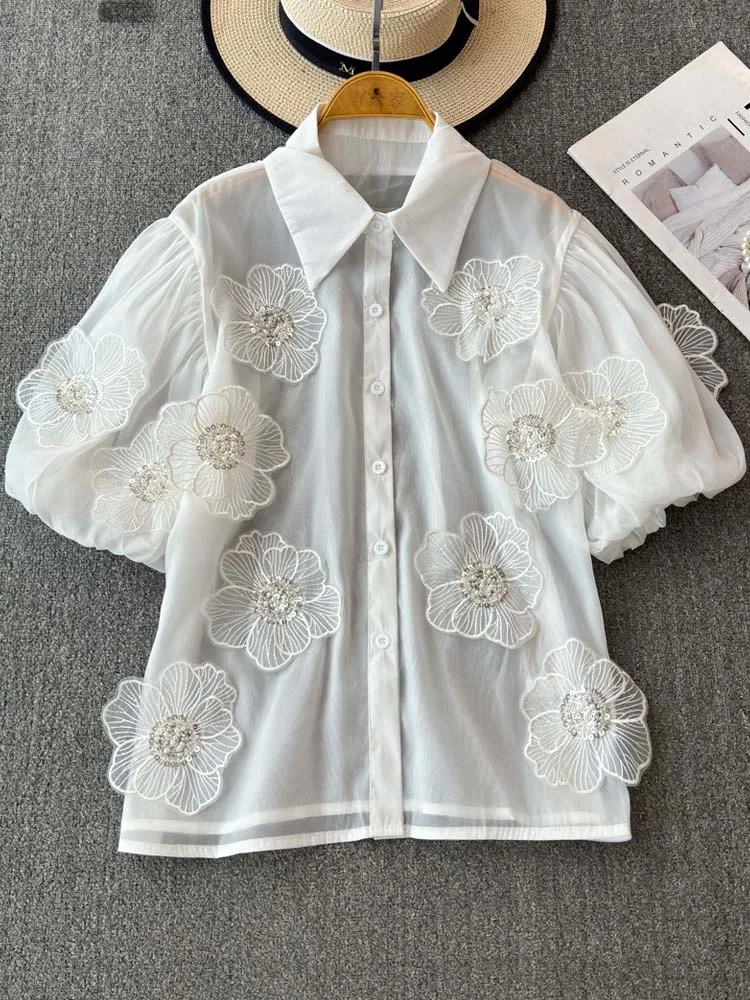 Organza Puff sleeve shirt for women 2024 Summer Sexy See-through Sequined floral blouse Design tops Loose Summer INKEO 4T144