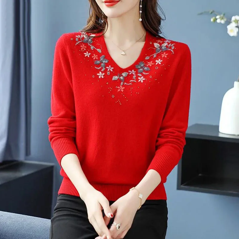 2023 New Lady Embroidery Sweater Fashion Spring Autumn Women\'s Knitwear Pullover Casual Soft Knitted T-Shirt Tops Bottoming