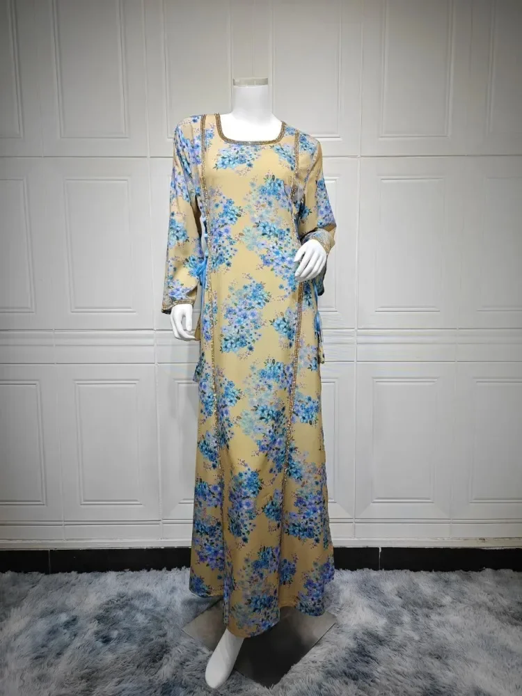 

Eid Muslin Party Dress for Women Abaya Sequins Long Dress Flower V Neck India Caftan Abayas Elegant Maxi Vestidos Largo 2025