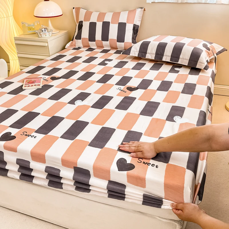 Set seprai pas geometris sederhana, 3 buah Set seprai katun seprai pas ramah kulit nyaman dicetak kamar tidur