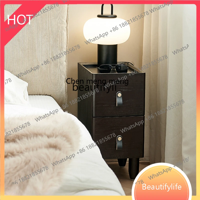 

z1q Small Bedside Table Light Luxury High Sense Modern Black Extremely Narrow Bedside Cabinet Storage Cabinet