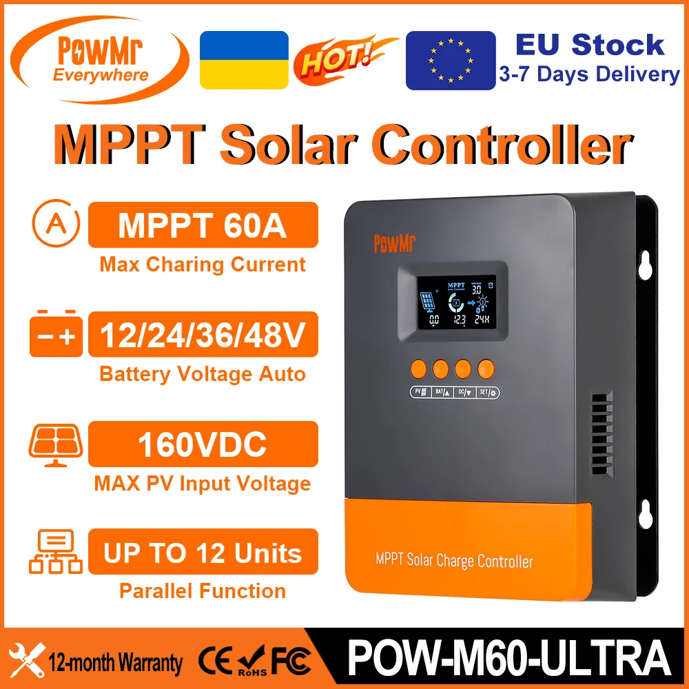 PowMr 60A MPPT Solar Charge Controller Parallel Model for 12V 24V 36V 48V Lifepo4 Battery Panel PV 160V Can Adjust Current 2-60A