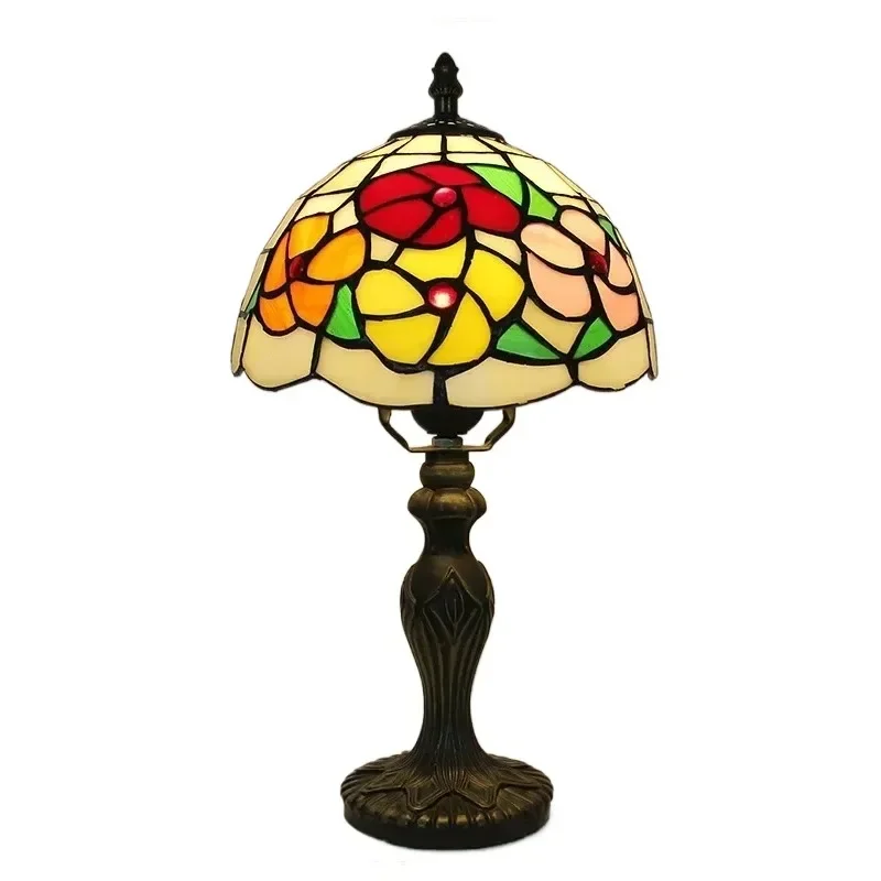 8inch Retro Classical Stained Glass Rich Flower Lampshade Church Home Bedside Tiffany Art Table Lamp Bedroom Nightlights