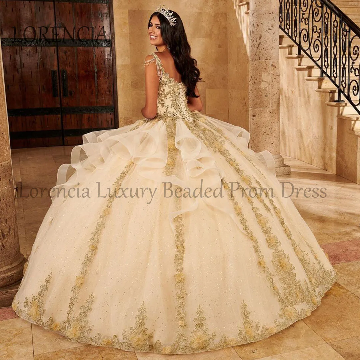 Mexican 2024 Quinceanera Dress Gold 3D Floral Long Sleeveless Appliques Crystal Beading Sweet 16 Formal Vestidos De 15 Años