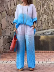 Conjunto de 2 piezas de lino y algodón para mujer, traje informal de manga larga, holgado, sencillo, con bolsillo, a la moda, color degradado, para primavera y verano