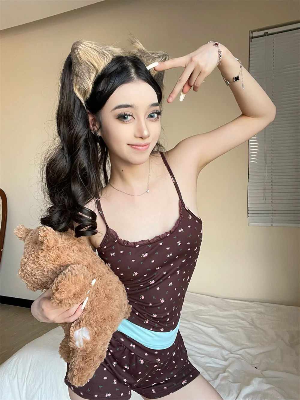 

Korean Sle Summer Floral Print Che Nightgown Set Sweet Cute Home Clothes Two-Piece Spwear for Young Women