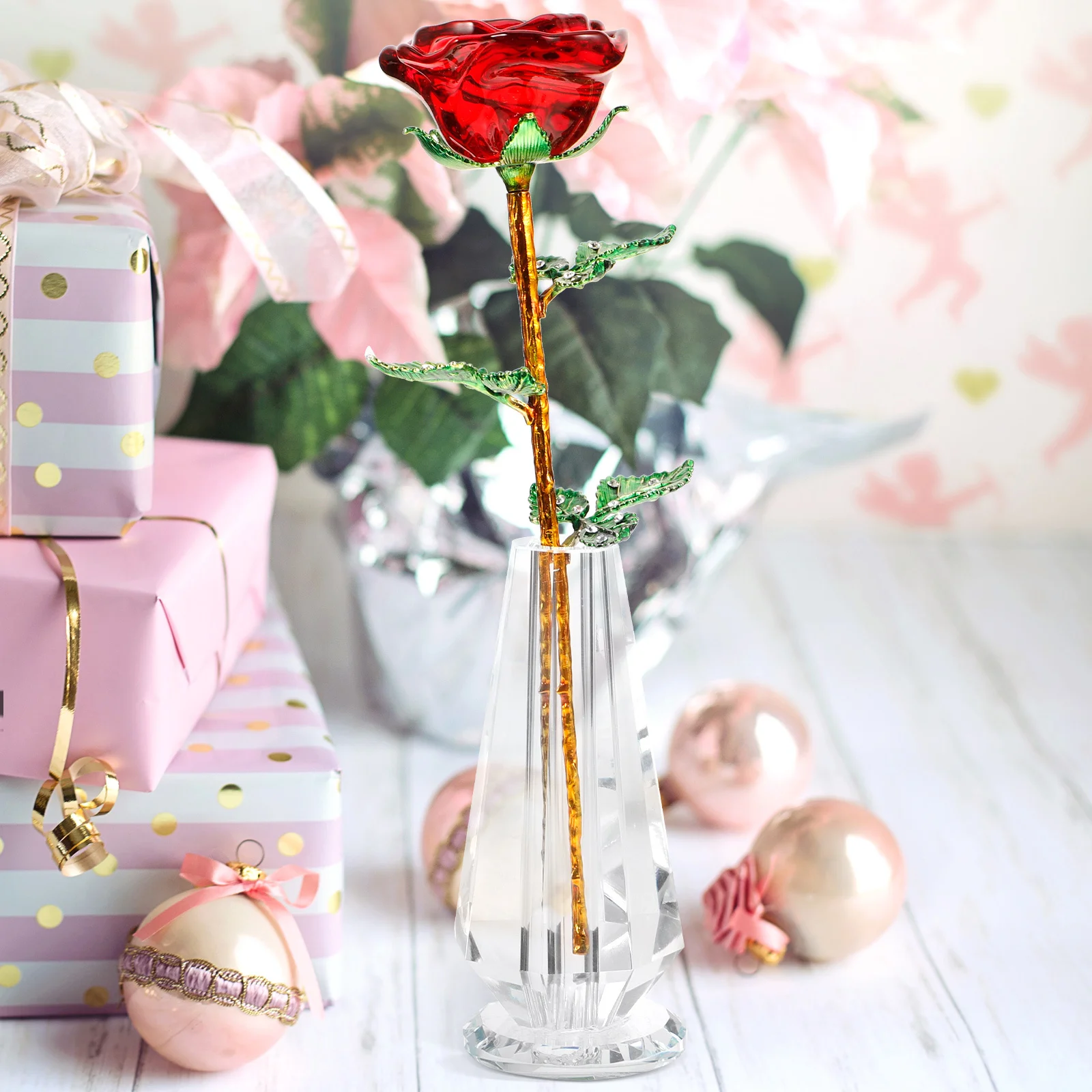 

Rose Crystal Flower Figurine Flowers for Mothers Day Figurines Ornament with Vase Home Decor
