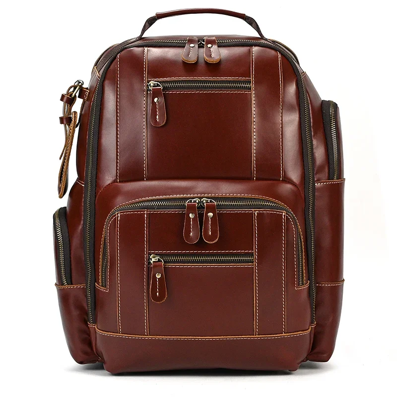 

Large Capacity Vintage School Gym Bag Men Genuine Leather Laptop Backpack For Travel Outdoor Red Rucksack