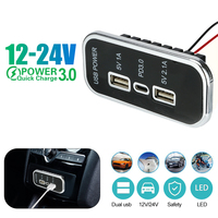 3 Ports PD Type-C 2.1A+1A Dual USB Car Charger Socket Power Adapter Outlet 12/24V 35.5W for Motorcycle Truck ATV Boat RV Bus