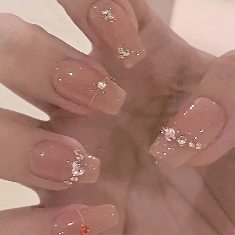 24 Stuks Nep Nagels Kort Ballet Gradatie Heldere Flash Drill Glitter Pers Op Nagels Sticker Afwerking Nail Art Patch Naakt Strass