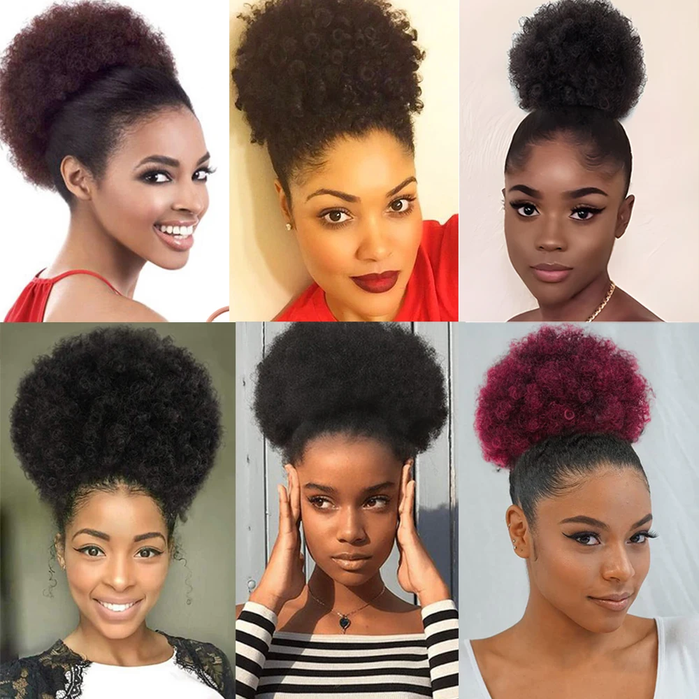 Leeons Large Afro Puff Drawstring Ponytail Synthetic Short Afro Kinkys Curly Afro Bun Extension Hairpieces Updo Hair Extensions