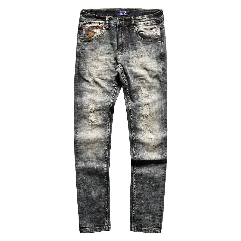 Fashion Trendy Men Jeans Retro Washed Gray Blue Elastic Slim Fit Painted Ripped Jeans Men Vintage Designer Denim Pants Hombre
