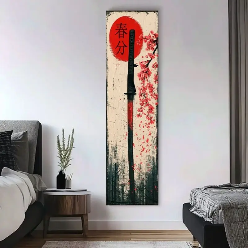 VIKAMA Samurai Katana Sakura Wall Runner Long Tapestry Japanese Red Sun Vertical Banner for Bedroom Living Room Man Cave Decor