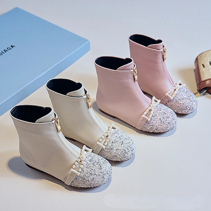 2023 New Children Princess Leather Boots Fashion Rhinestone Pearl Kids Shoes Boots for Girl Autumn Winter Elegant Toddlers Boots