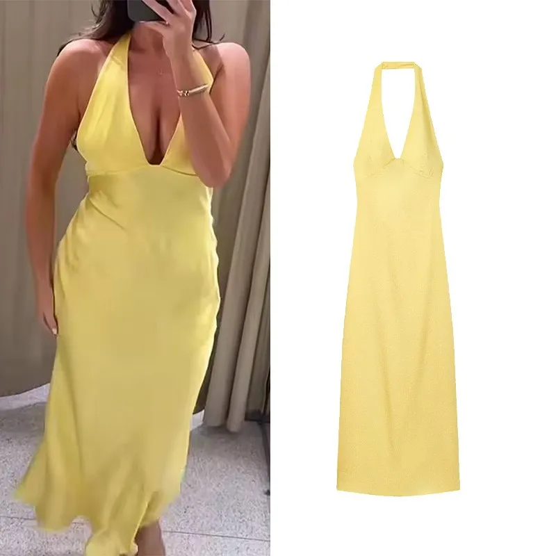 

Women's Satin Long Dress New 2026 Summer Fashion Women Polka Dots Sleeveless Halter-Neck Back Bow Dress Female Midi Dresses