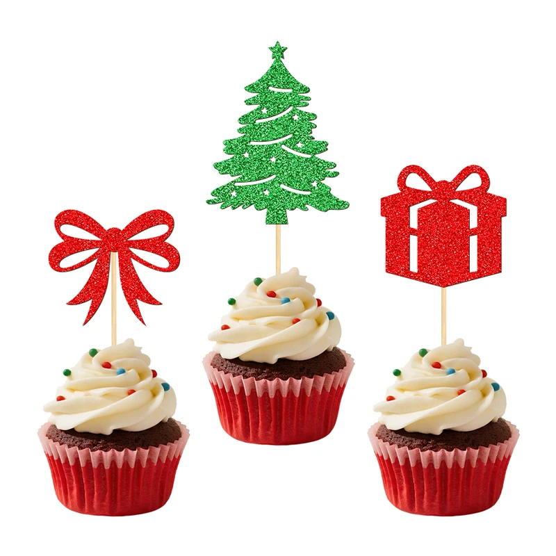 YOMDID 24 Stück Weihnachts- und Geburtstagskuchen-Topper, frohe Weihnachten, glitzernde Cupcake-Picks, Weihnachtsbaum, Schleife, Weihnachtsdekoration – Detail 7