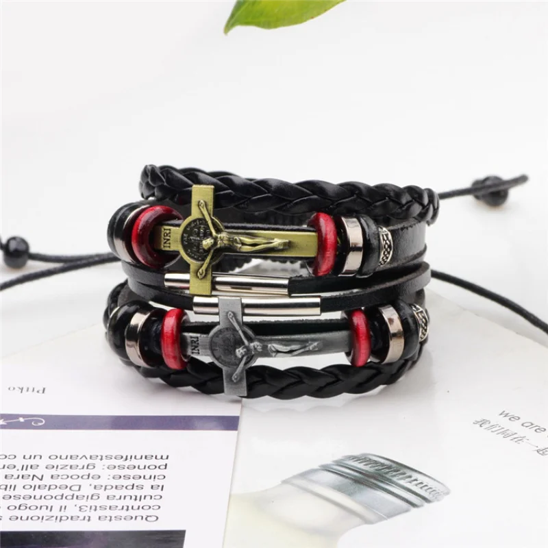 Factory Direct Sales Religious Alloy Cross Cattle Leather Bracelet Handmade Wax Line Woven A Large Number of Wholesale Prices Ar