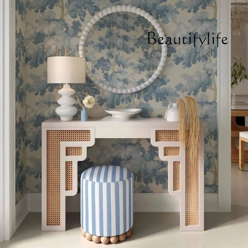 

French solid wood retro small apartment entrance table simple rattan weaving bar case medieval side table entrance cabinet