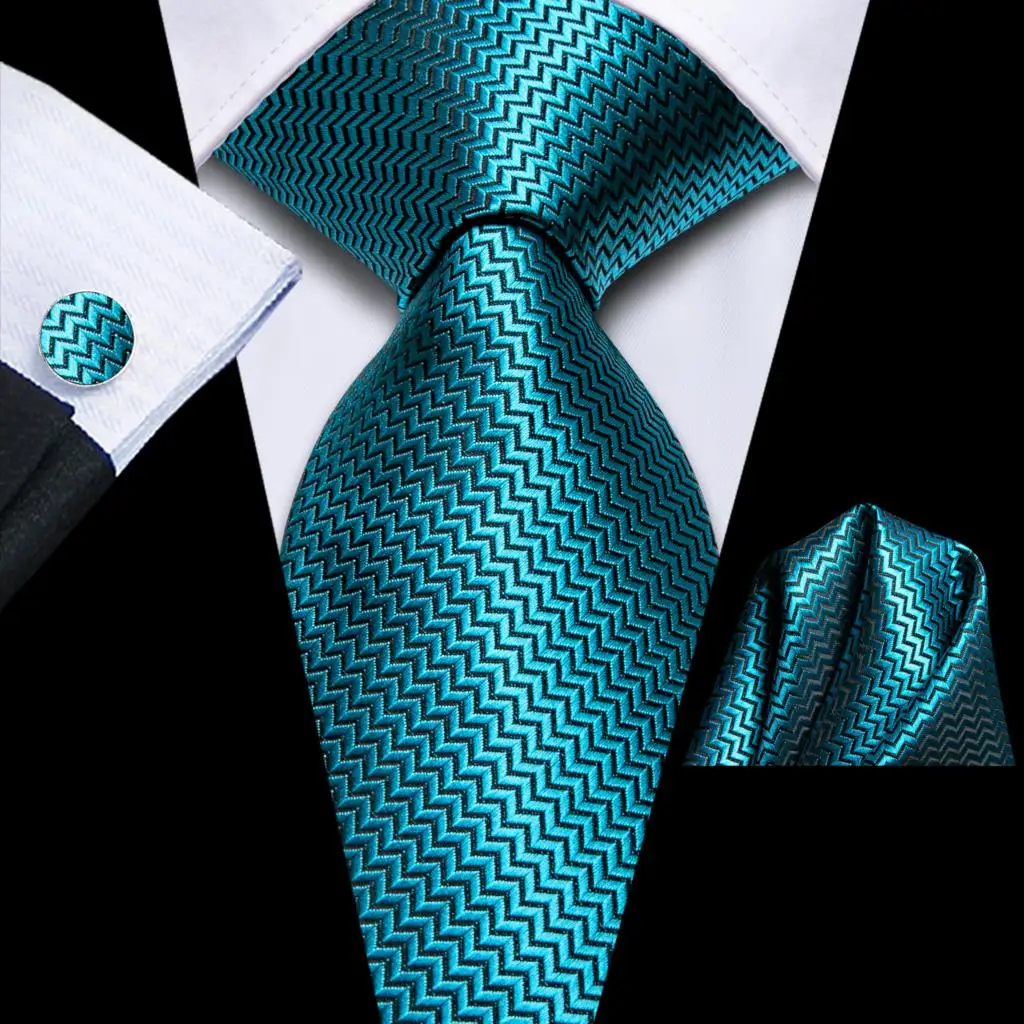 Striped Solid Teal Blue Tie For Men 2023 New Fashion Brand Wedding Party Paisley Necktie Handky Cufflink Wholesale Hi-Tie Design