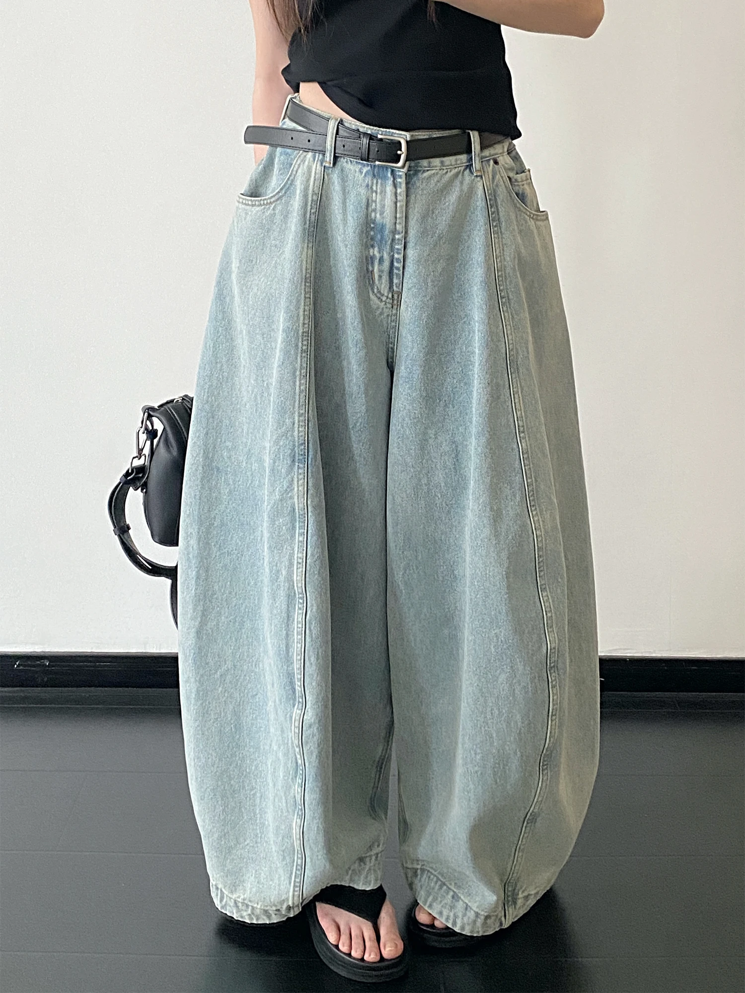 

Spring Summer High Waist Washed Light Blue Balloon Jeans Women's Loose Fit No Stretch High Quality Fashionable Jeans