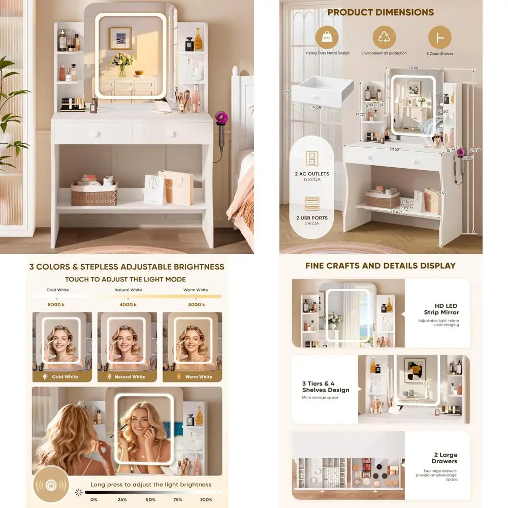 "مكتب زينة للمكياج بإضاءة LED مع مخرج طاقة، طاولة زينة مدمجة ذات درجين و5 أرفف، طاولة زينة"