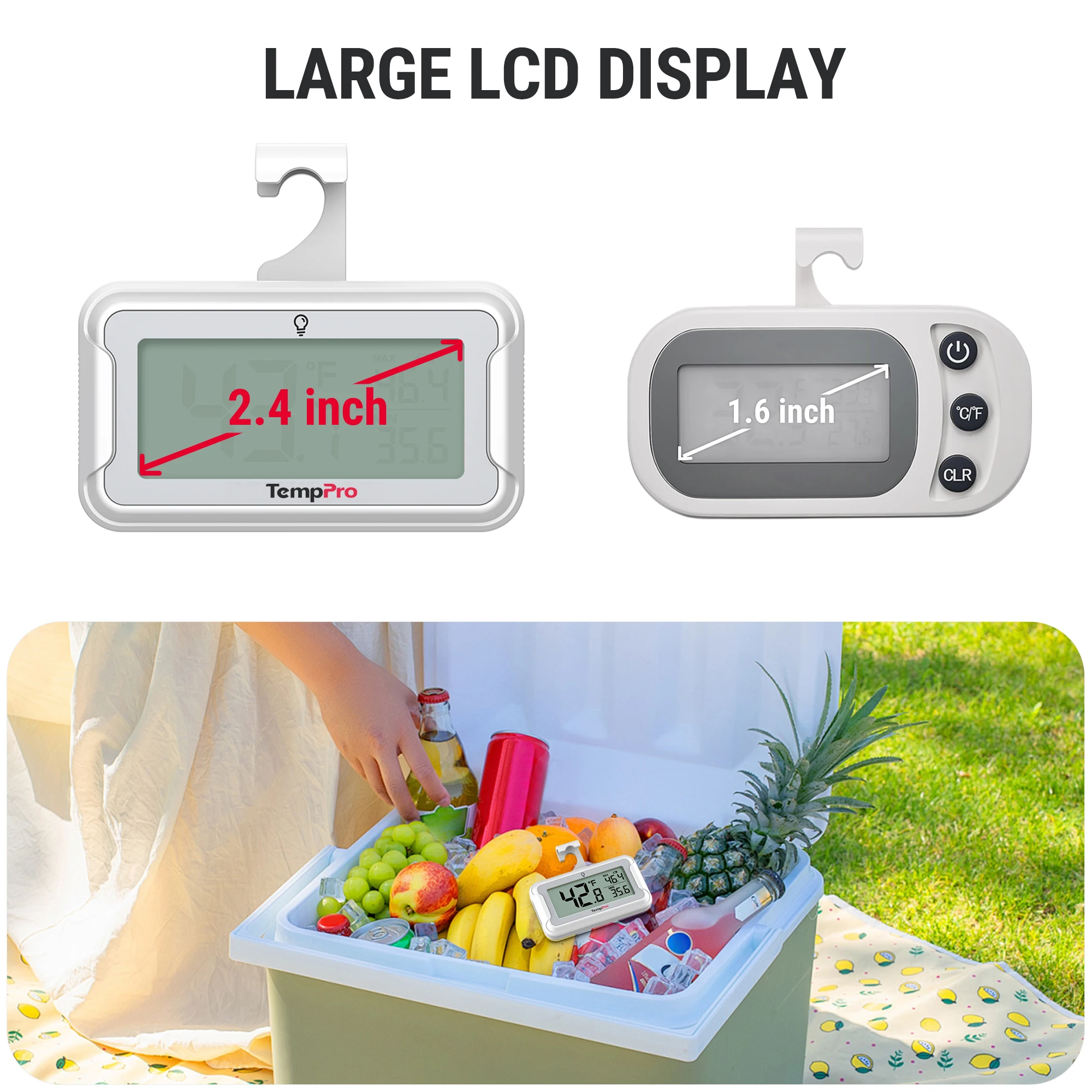 Min/Max Digitales Kühlschrank-Gefrierschrank-Thermometer mit Hintergrundbeleuchteter LCD-Anzeige, Haken und Ständer für Kühlschrank und Küche, TempPro TP110 – Detail 6