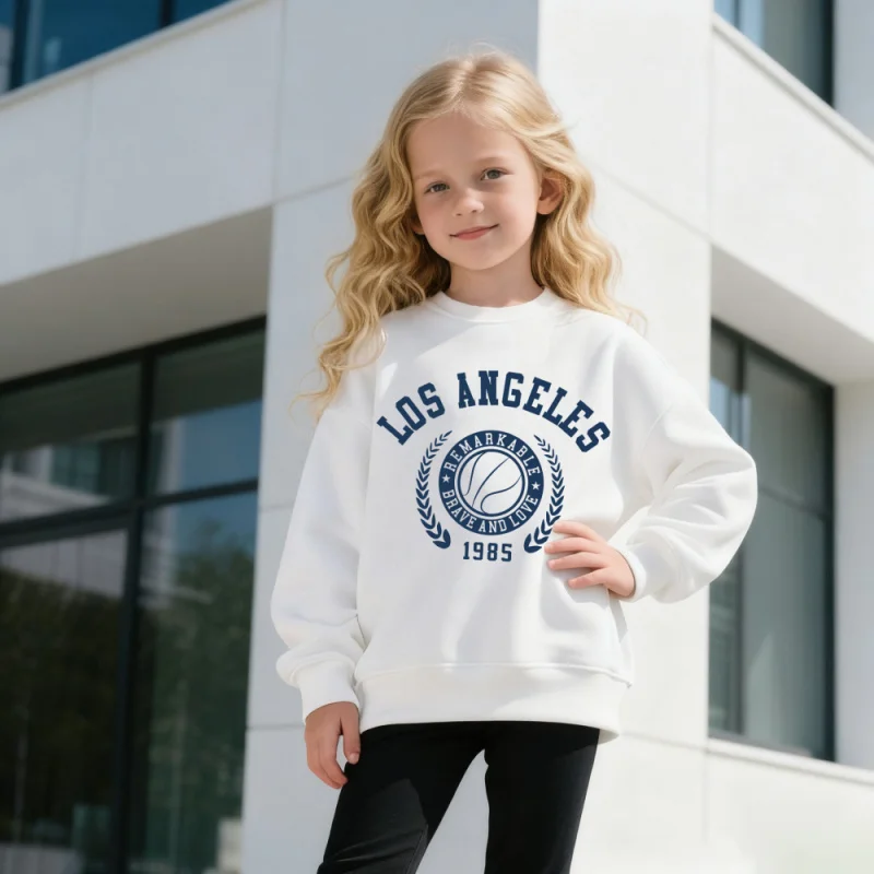سويت شيرت مطبوع عليه كرة السلة للأطفال من لوس أنجلوس - بلوفر عصري كاجوال بأكمام طويلة للفتيات والفتيان، طراز قديم مريح لعام 1985 #2