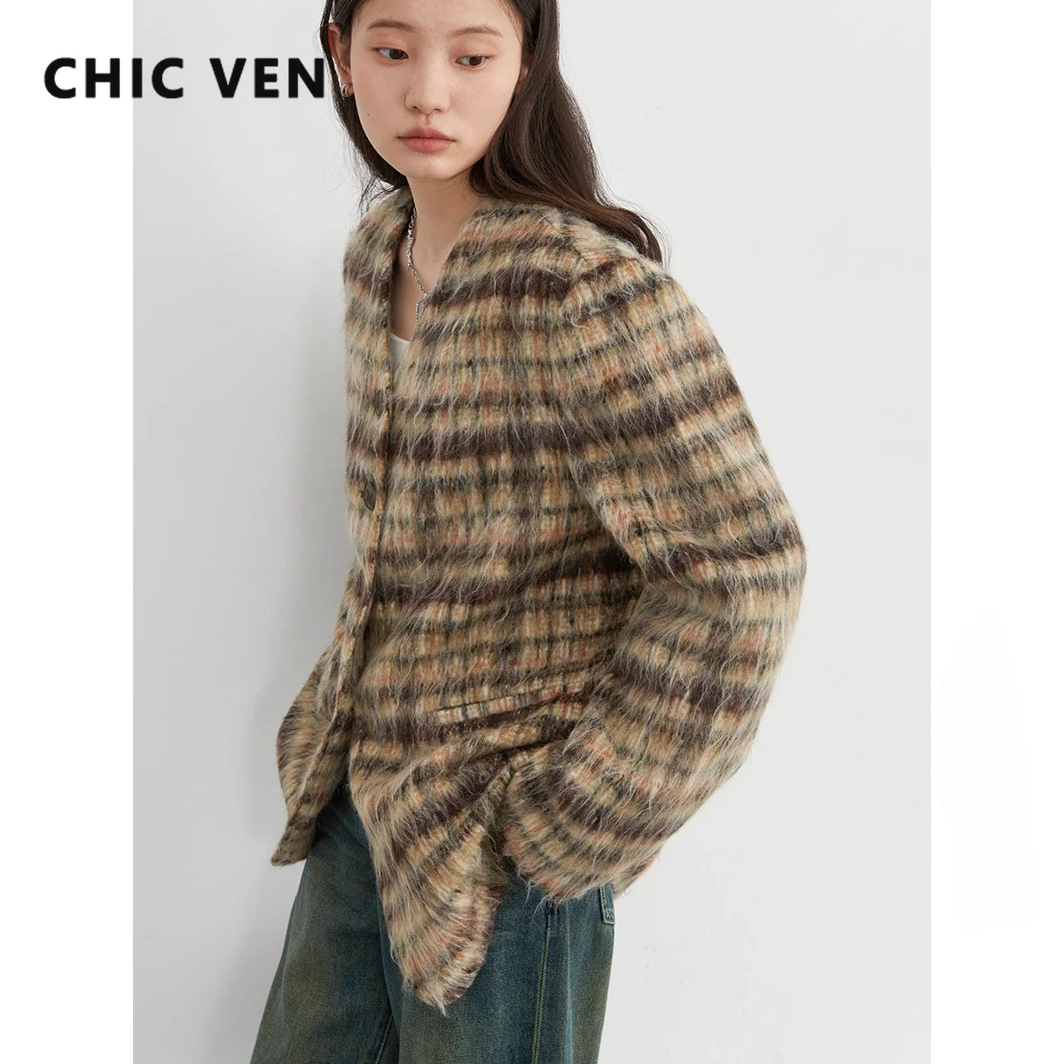 CHIC VEN Women\'s Coat New Retro Long Blends Striped Woolen Jacket Office Lady Clothing Female Top Autumn Spring 2023