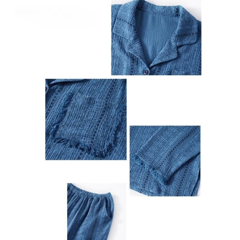 Spring  Autumn Popular Long-sleeved Pajamas Women's Retro Hong Kong Style Fog Blue Fringed Edge with Chest Pad Suit Loungewear